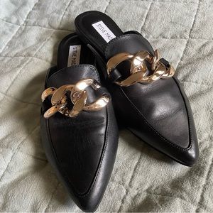 Steve Madden black mules with gold chain
